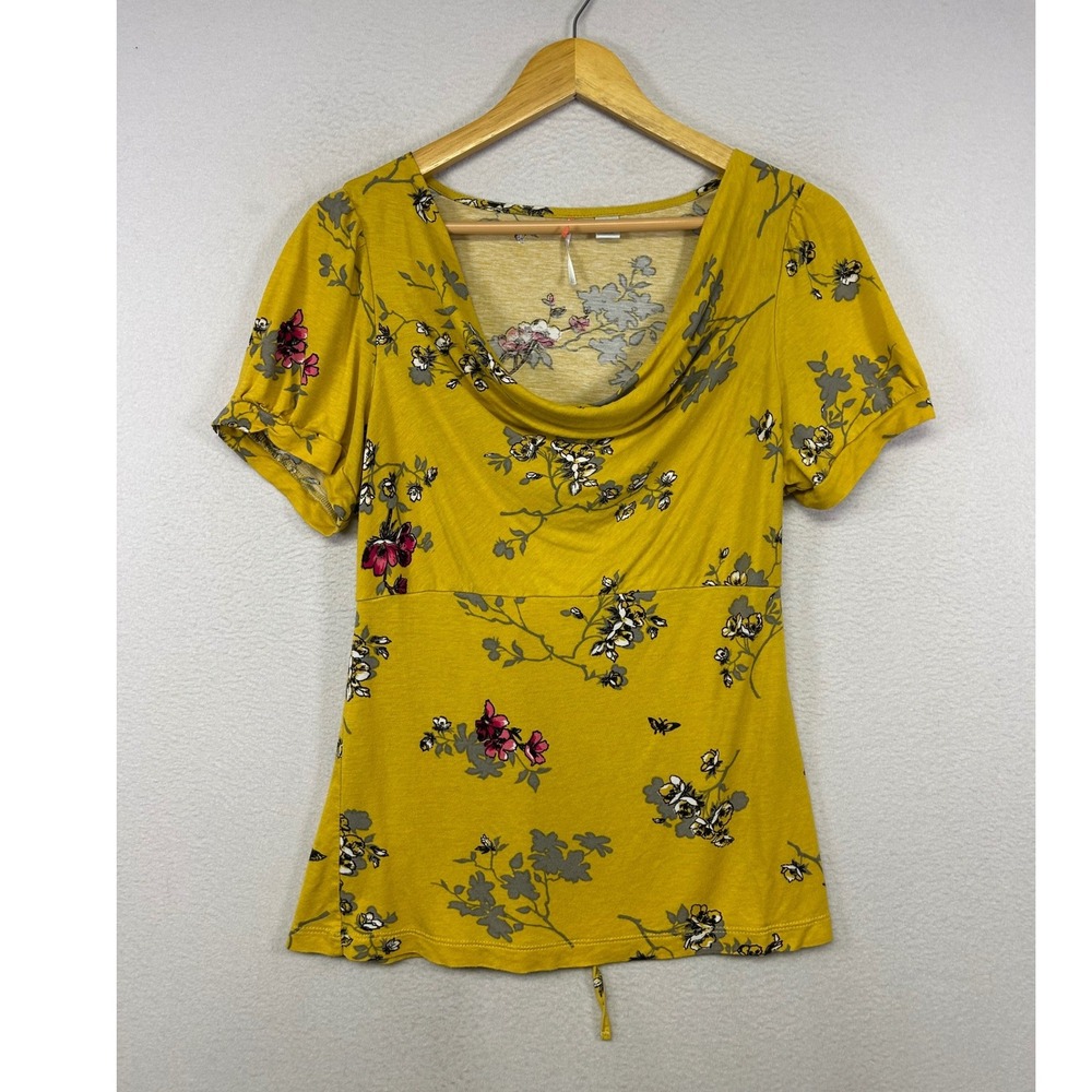 Cottagecore RicRac Womens Large Yellow Floral Tie Back Cowl Neck Puff Sleeve Top